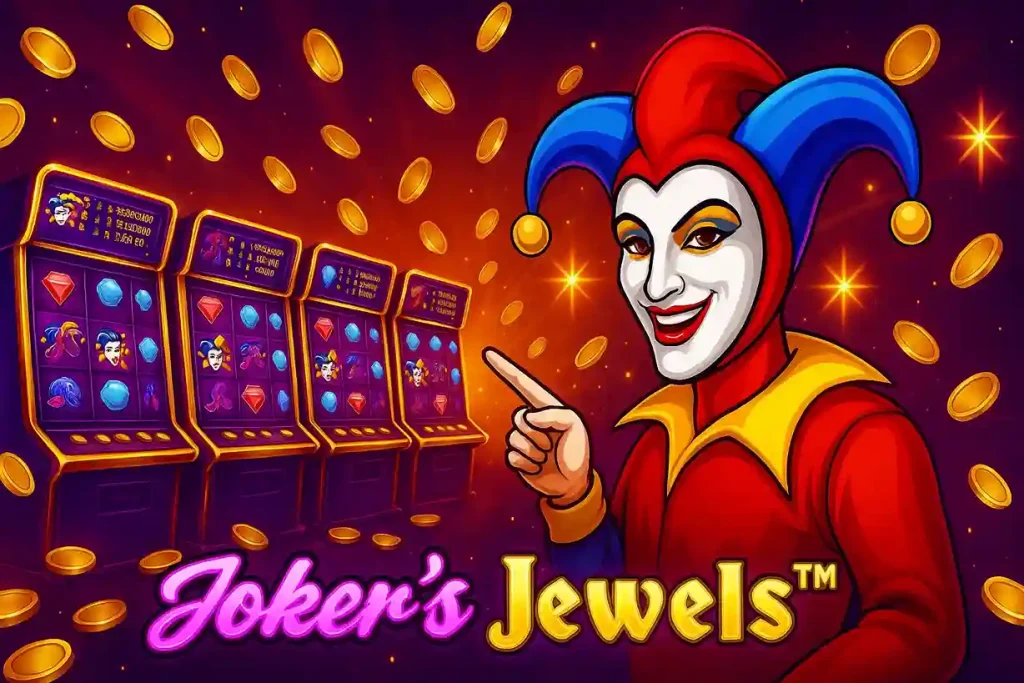 Caça-níqueis Joker Jewels em ambiente de casino com luzes neon