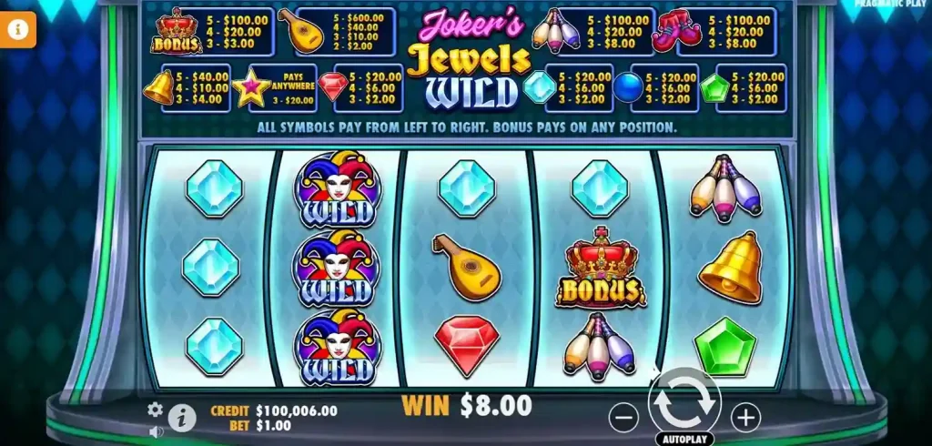 Reels del slot Joker Jewels con símbolos coloridos y joyas