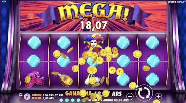 Joker Jewels Mega Win con efectos coloridos y confeti