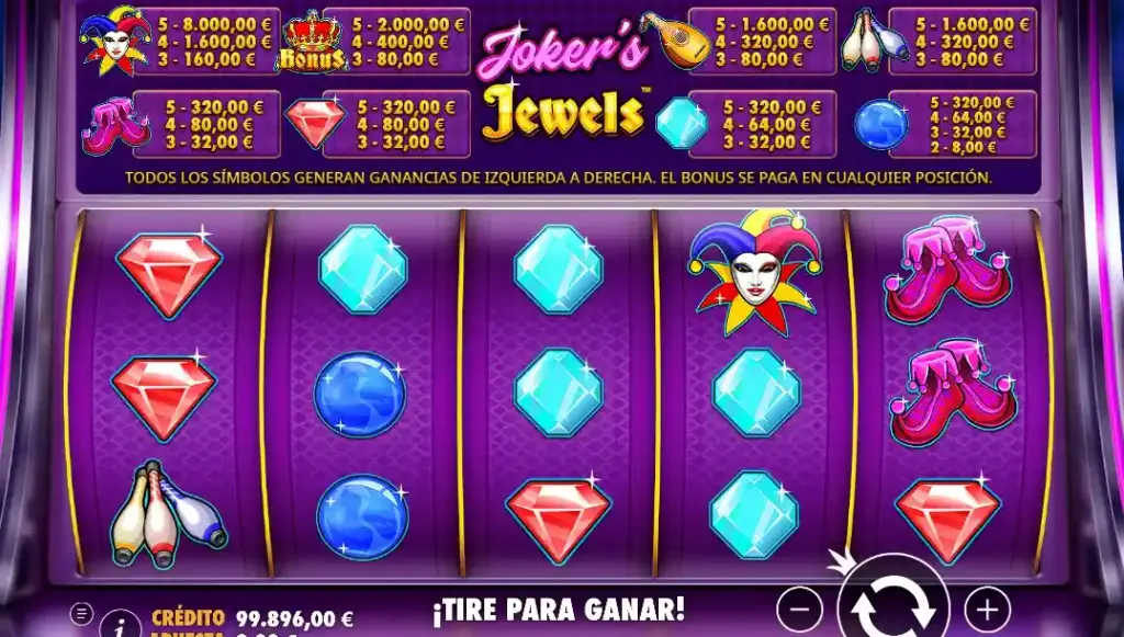 Joker’s Jewels gratis con rodillos de gemas, frutas y símbolo Bonus en la pantalla