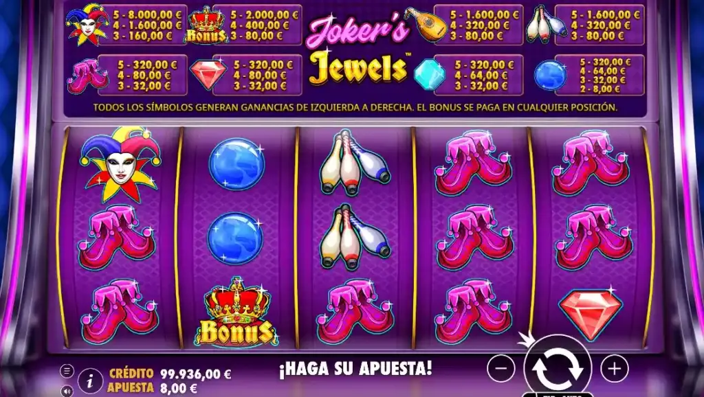 Joker’s Jewels gratis con tirada activa, símbolo Bonus y combinación de frutas y gemas