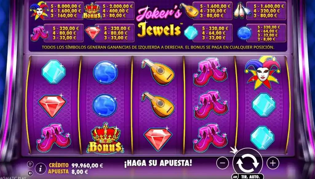 Joker’s Jewels gratis con símbolo Bonus, gemas azules y frutas en los rodillos