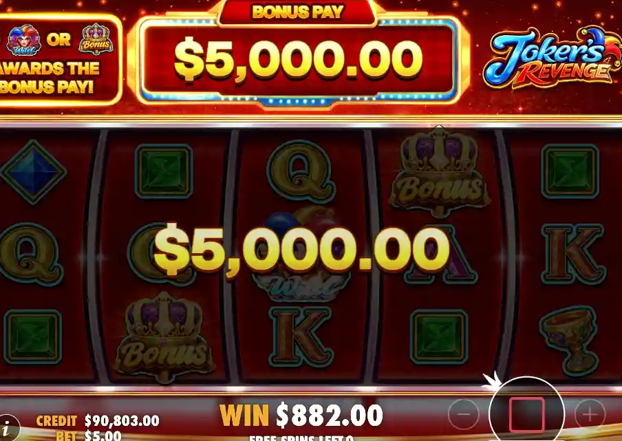 Joker’s Revenge Juego mostrando premio de $5.000,00 en la pantalla de bonus