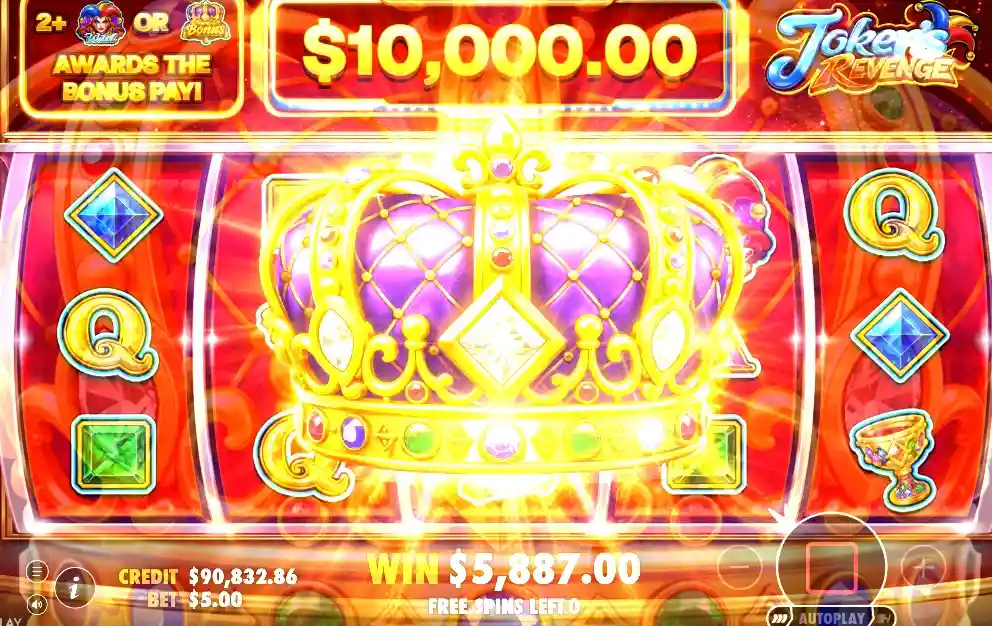 Joker’s Revenge Juego con gran premio de $10.000,00 y símbolos brillantes en los rodillos.