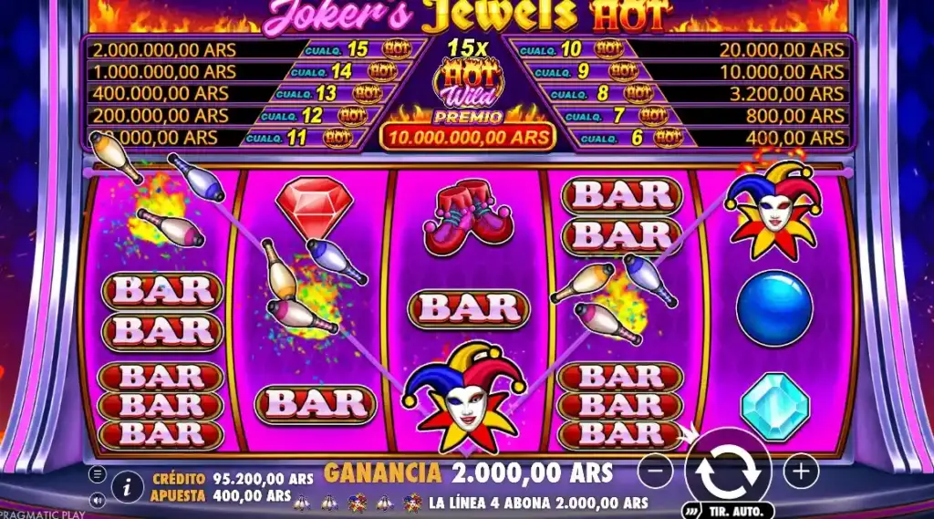 Joker’s Jewels Hot mostrando rodillos con cerezas, diamantes, cartas y símbolos BAR
