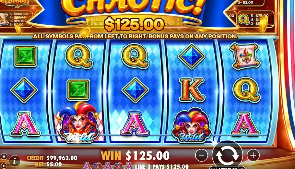 Joker’s Revenge Juego con premio Chaotic de $125,00 y símbolos joker en la grilla