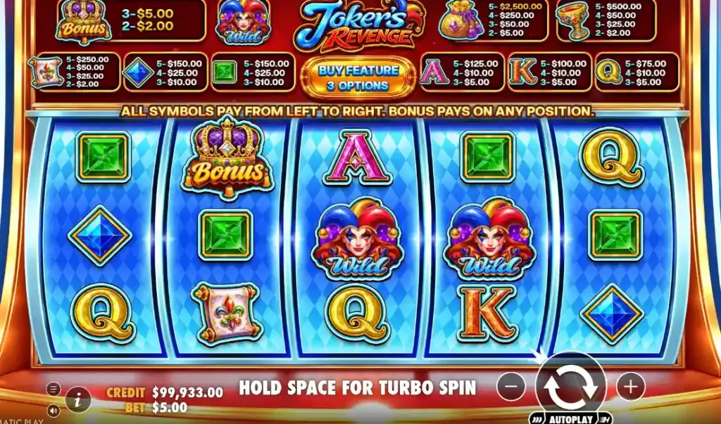 Joker’s Revenge Juego con función Hold Space For Turbo Spin y símbolos bonus en pantalla