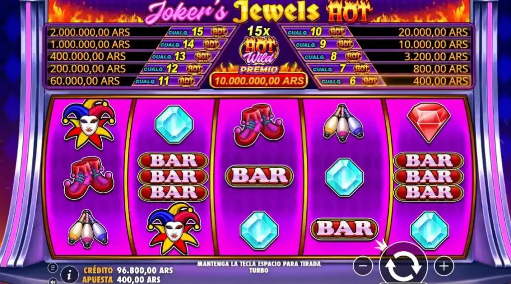 Pantalla de Joker’s Jewels Hot con gemas, cerezas y símbolos BAR en una tirada