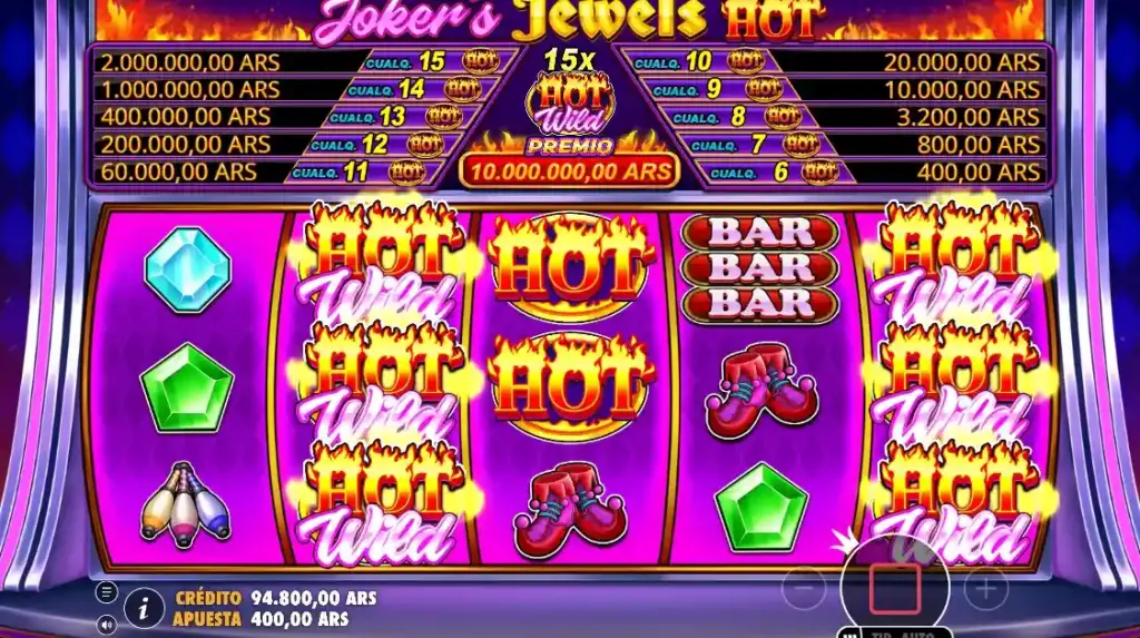 Joker’s Jewels Hot con varios símbolos hot joker y premios visibles en la parte superior