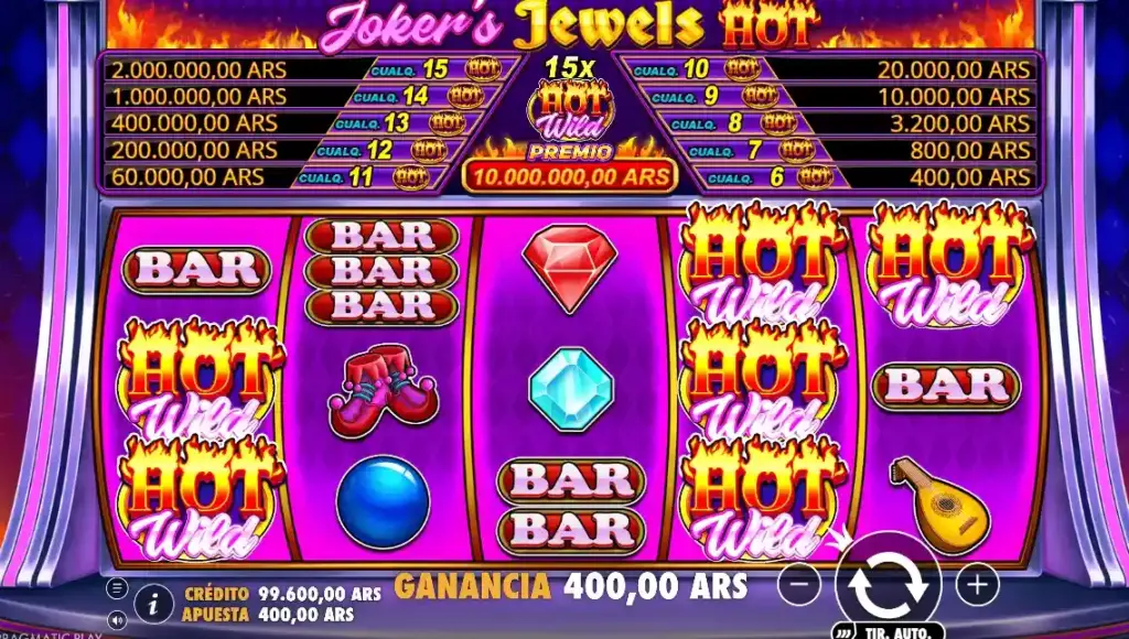 Juego Joker’s Jewels Hot con rodillos llenos de símbolos BAR, gemas y comodines