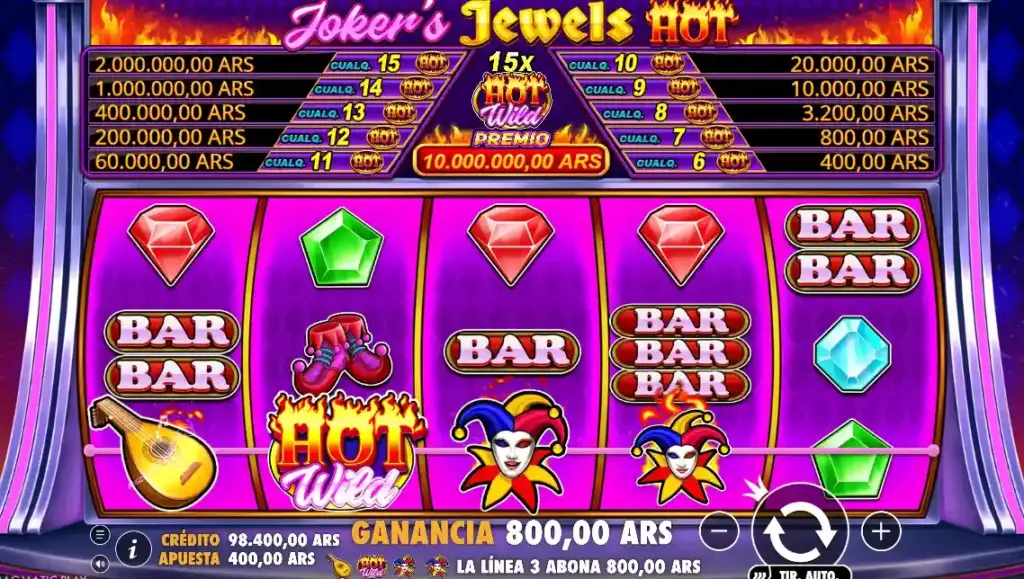 Captura de Joker’s Jewels Hot con combinación de diamantes, cerezas y símbolos BAR